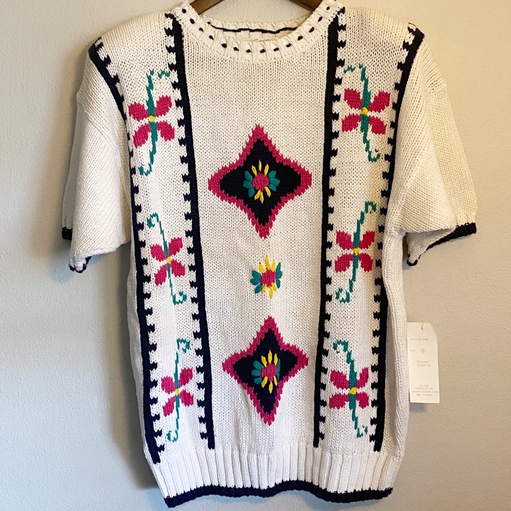 Vintage Lauren Grey Knit Floral Colorful Short Sleeve Sweater NWT Oversized Sz M - Picture 2 of 7